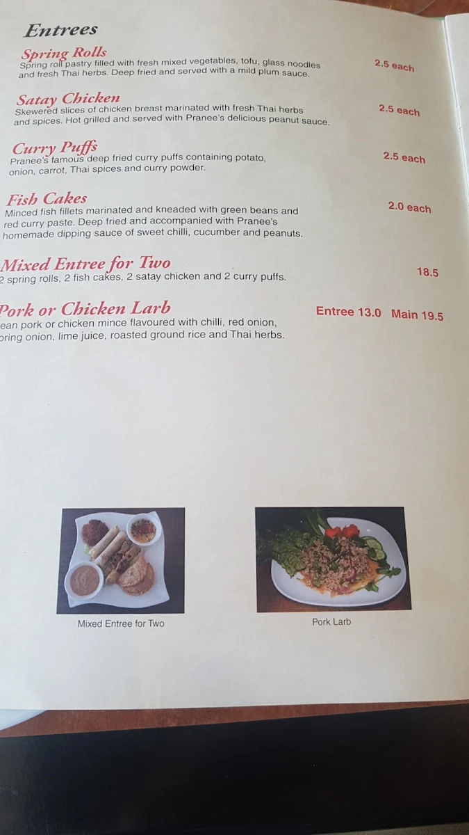 Menu, Pranee Thai Restaurant