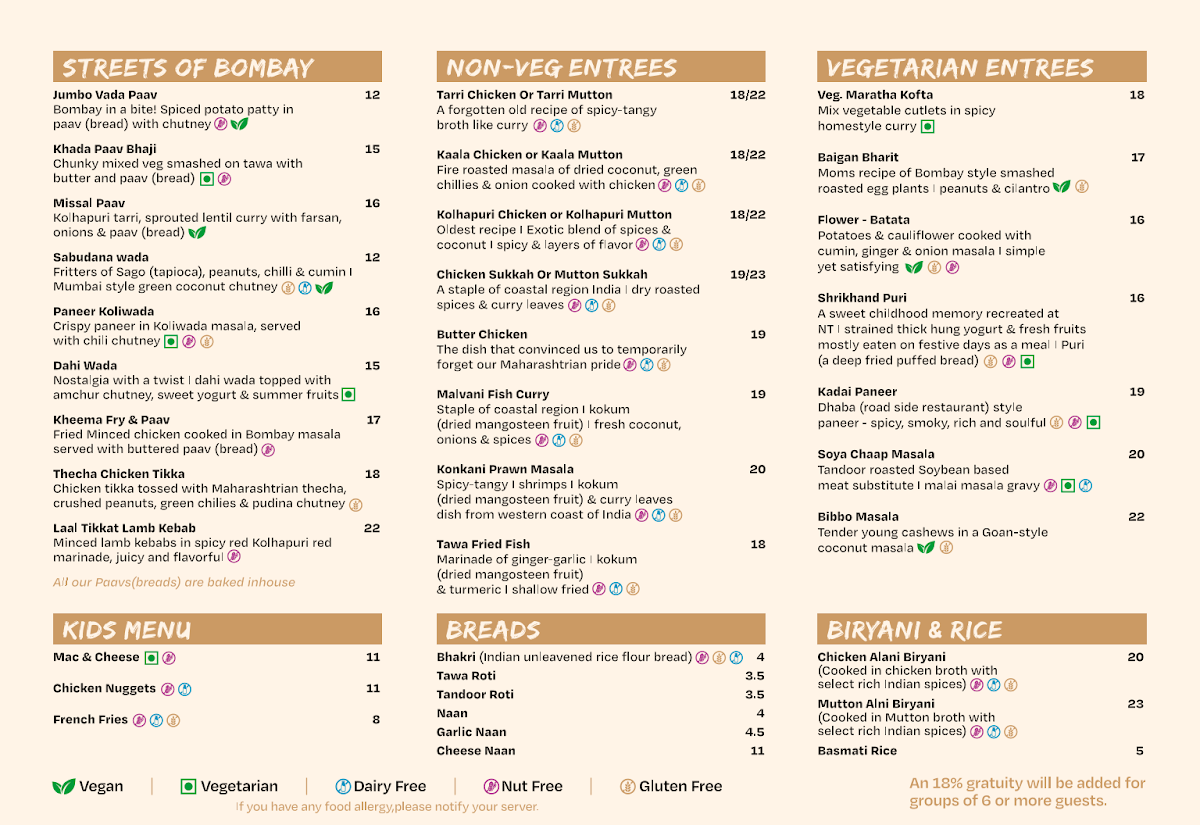 Menu, Ninja Tiger Regional Indian Cuisine