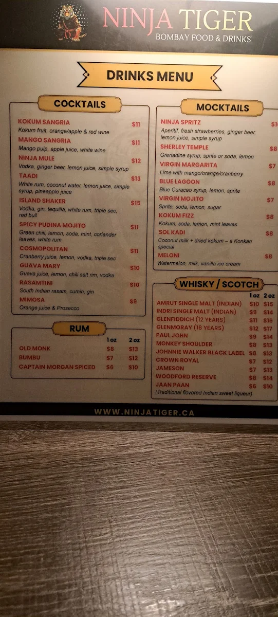 Menu, Ninja Tiger Regional Indian Cuisine