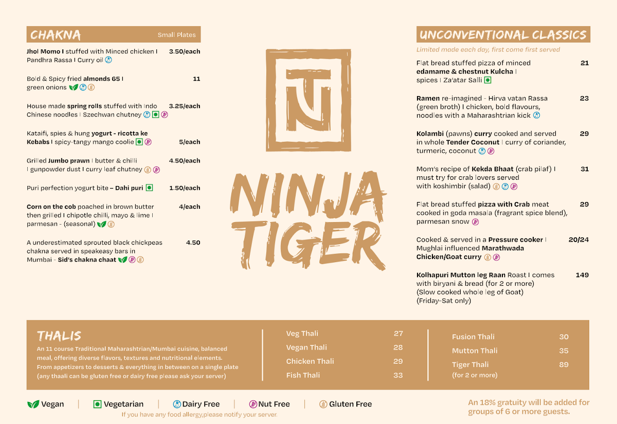 Menu, Ninja Tiger Regional Indian Cuisine
