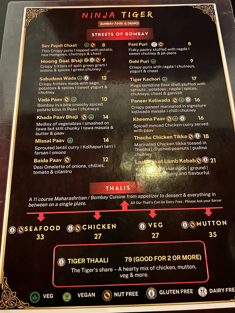 Menu, Ninja Tiger Regional Indian Cuisine