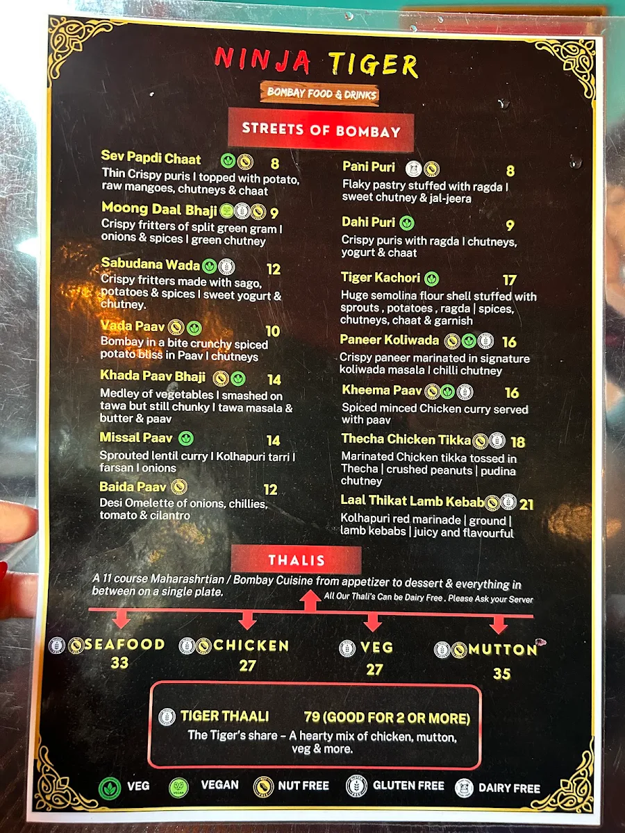 Menu, Ninja Tiger Regional Indian Cuisine
