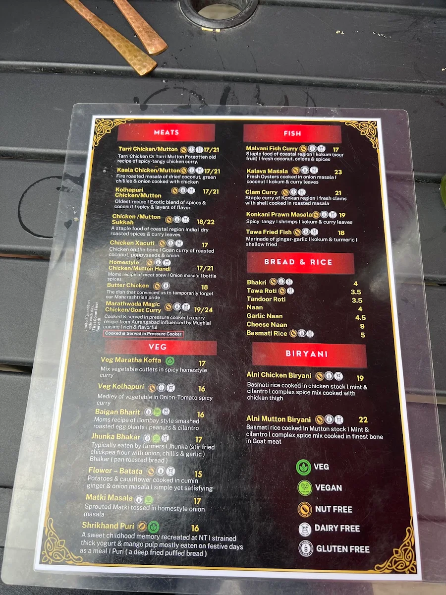 Menu, Ninja Tiger Regional Indian Cuisine