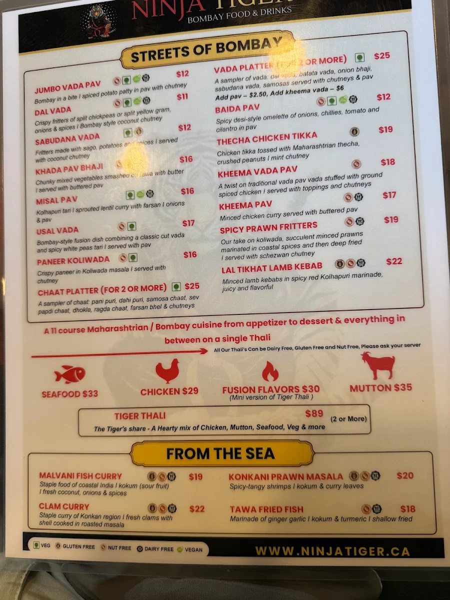 Menu, Ninja Tiger Regional Indian Cuisine