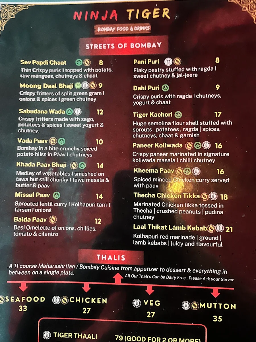Menu, Ninja Tiger Regional Indian Cuisine