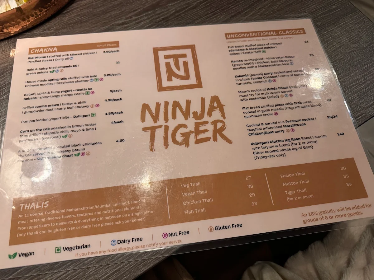 Menu, Ninja Tiger Regional Indian Cuisine