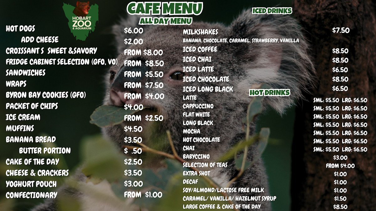 Menu, Hobart Zoo and Aquarium Bakari’s Roar Cafe