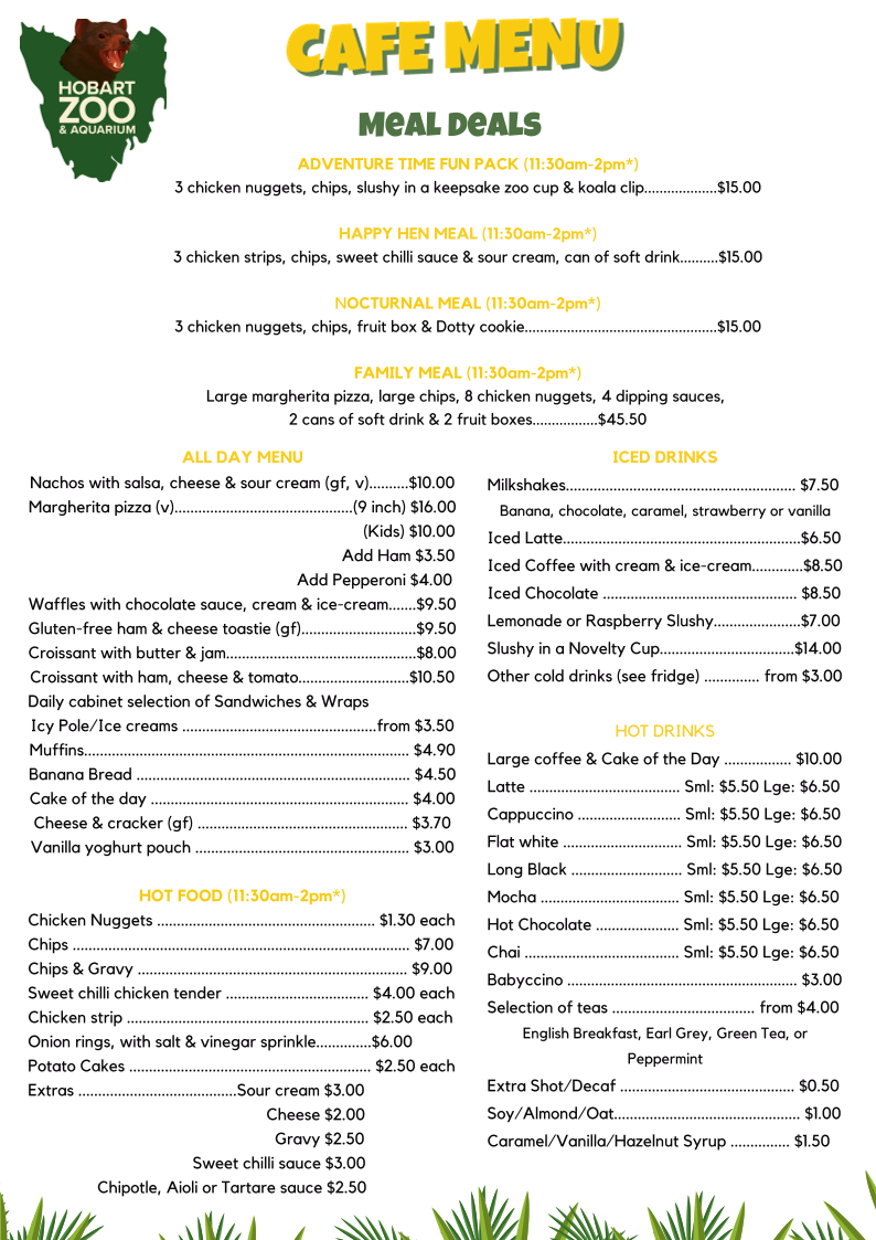 Menu, Hobart Zoo and Aquarium Bakari’s Roar Cafe