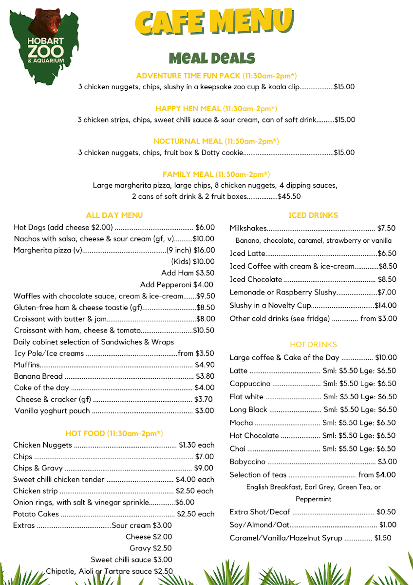 Menu, Hobart Zoo and Aquarium Bakari’s Roar Cafe