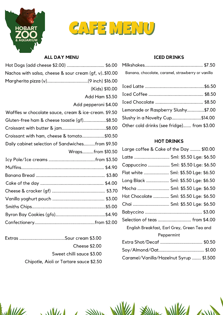 Menu, Hobart Zoo and Aquarium Bakari’s Roar Cafe