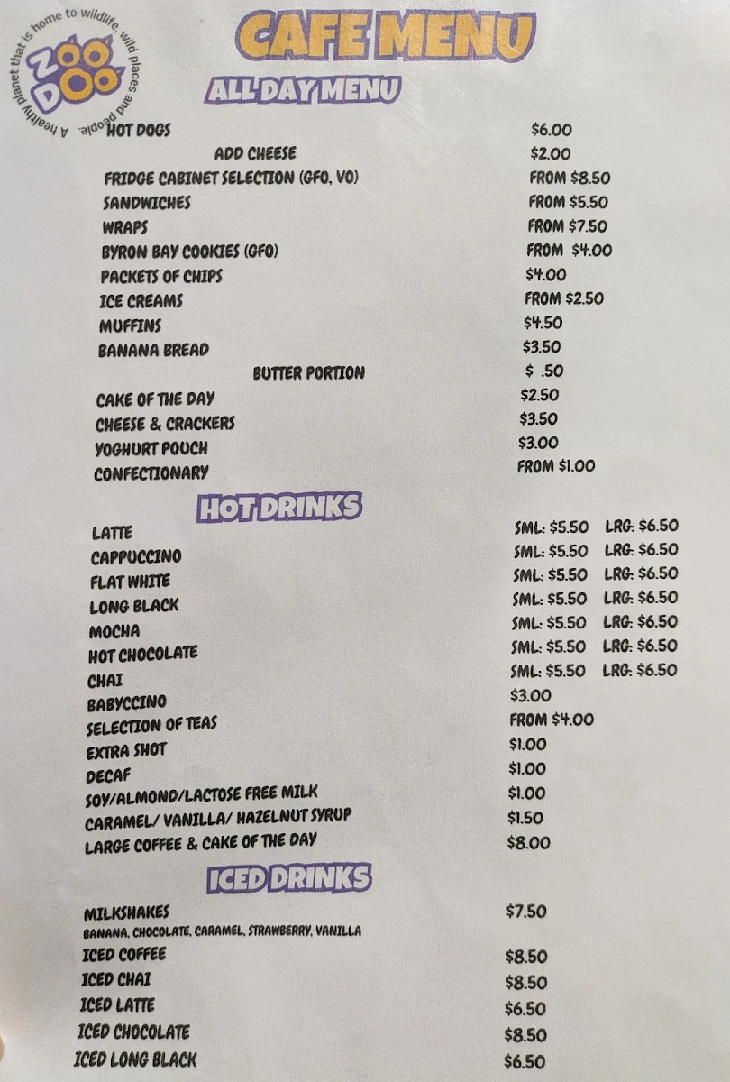 Menu, Hobart Zoo and Aquarium Bakari’s Roar Cafe