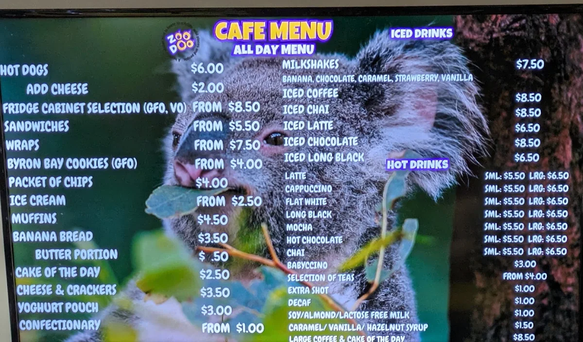 Menu, Hobart Zoo and Aquarium Bakari’s Roar Cafe
