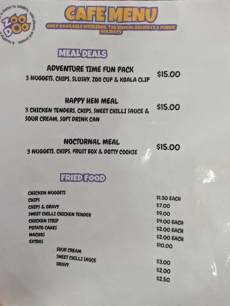 Menu, Hobart Zoo and Aquarium Bakari’s Roar Cafe