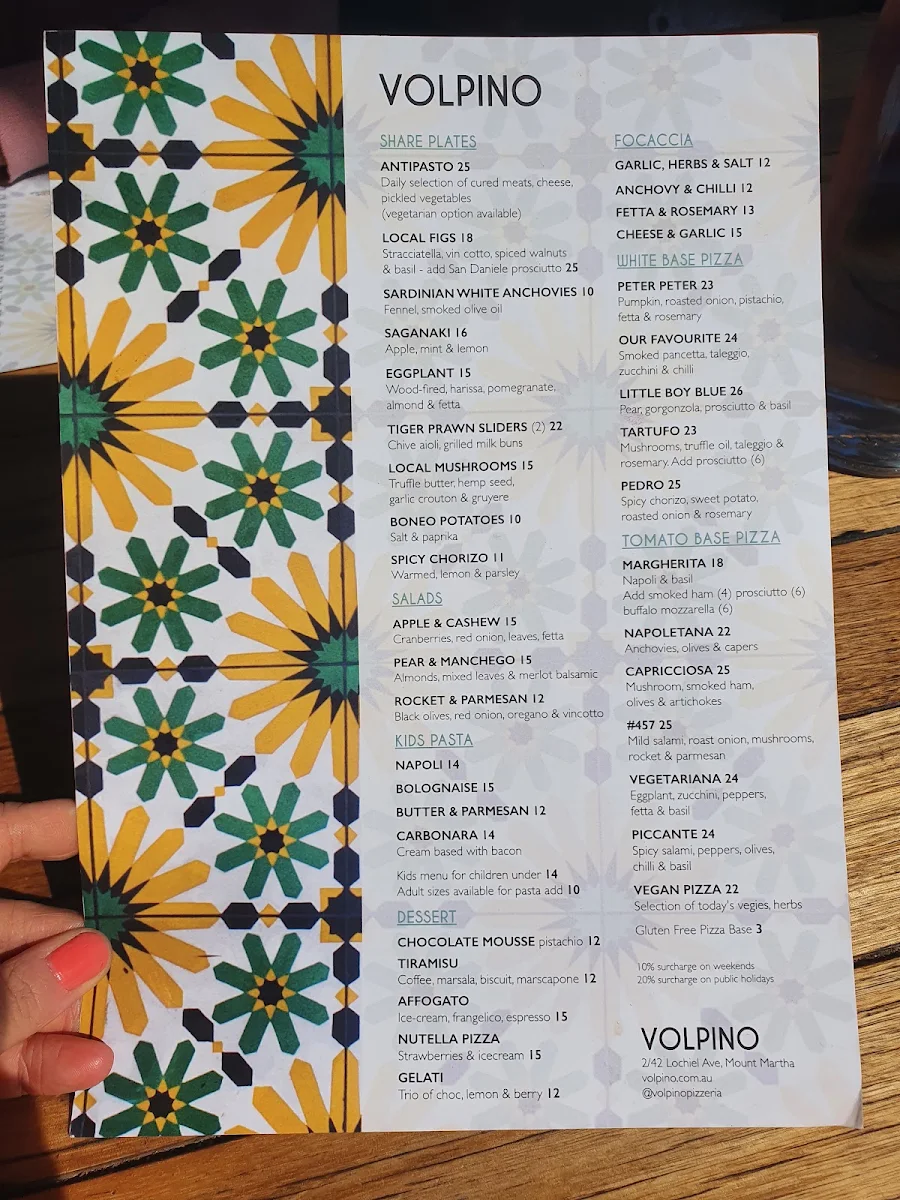 Menu, Volpino Pizzeria and Wine Bar