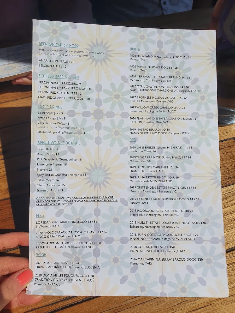 Menu, Volpino Pizzeria and Wine Bar