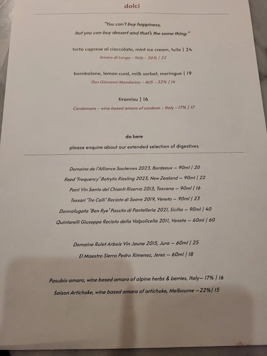 Menu, Enoteca Boccaccio