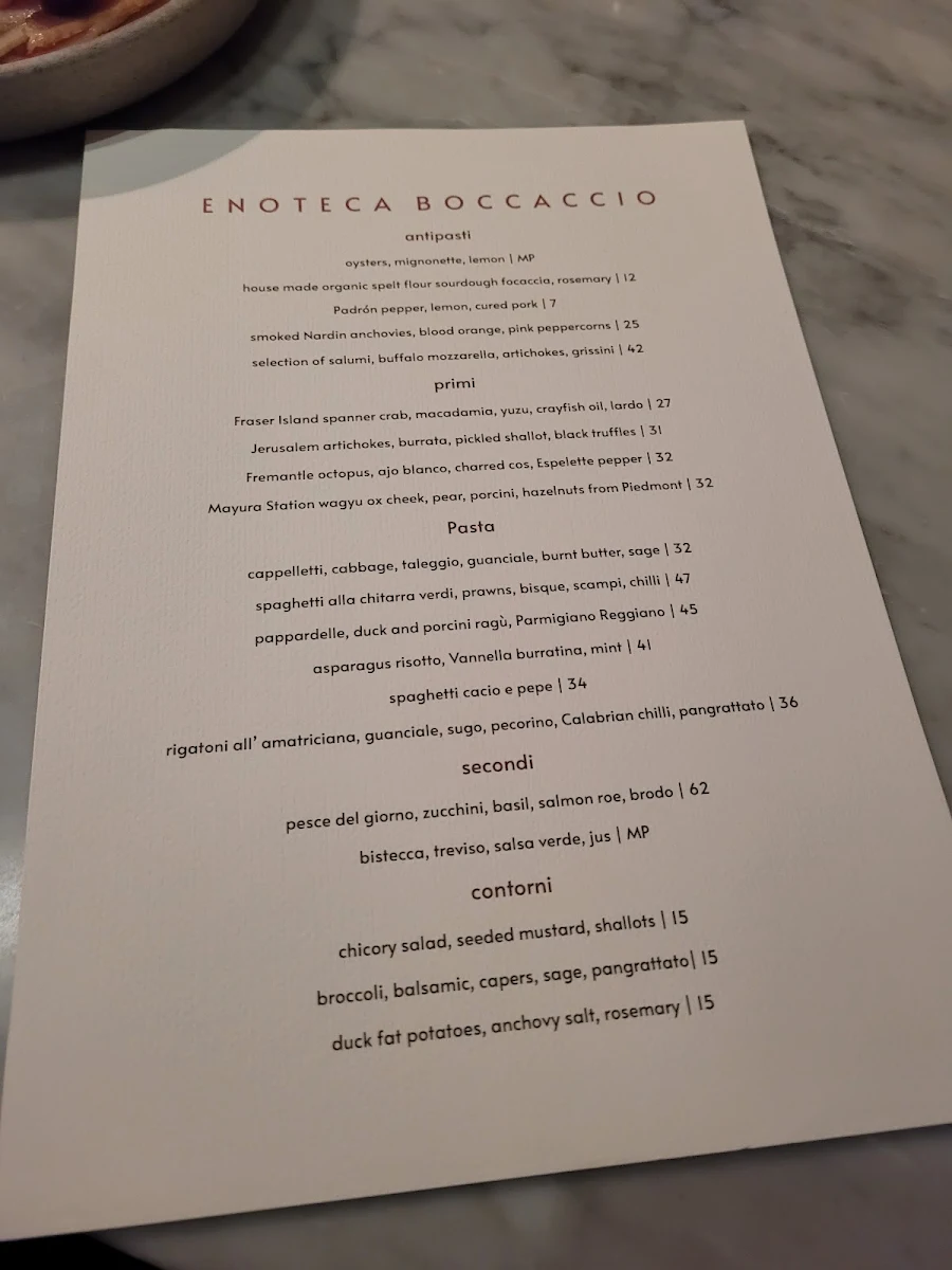 Menu, Enoteca Boccaccio