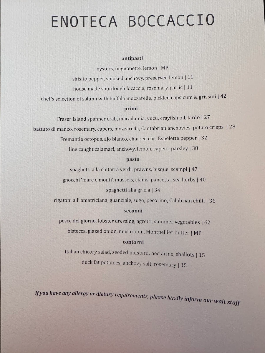 Menu, Enoteca Boccaccio