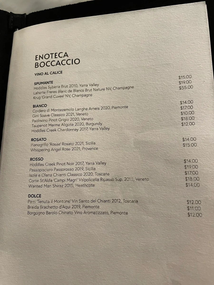 Menu, Enoteca Boccaccio
