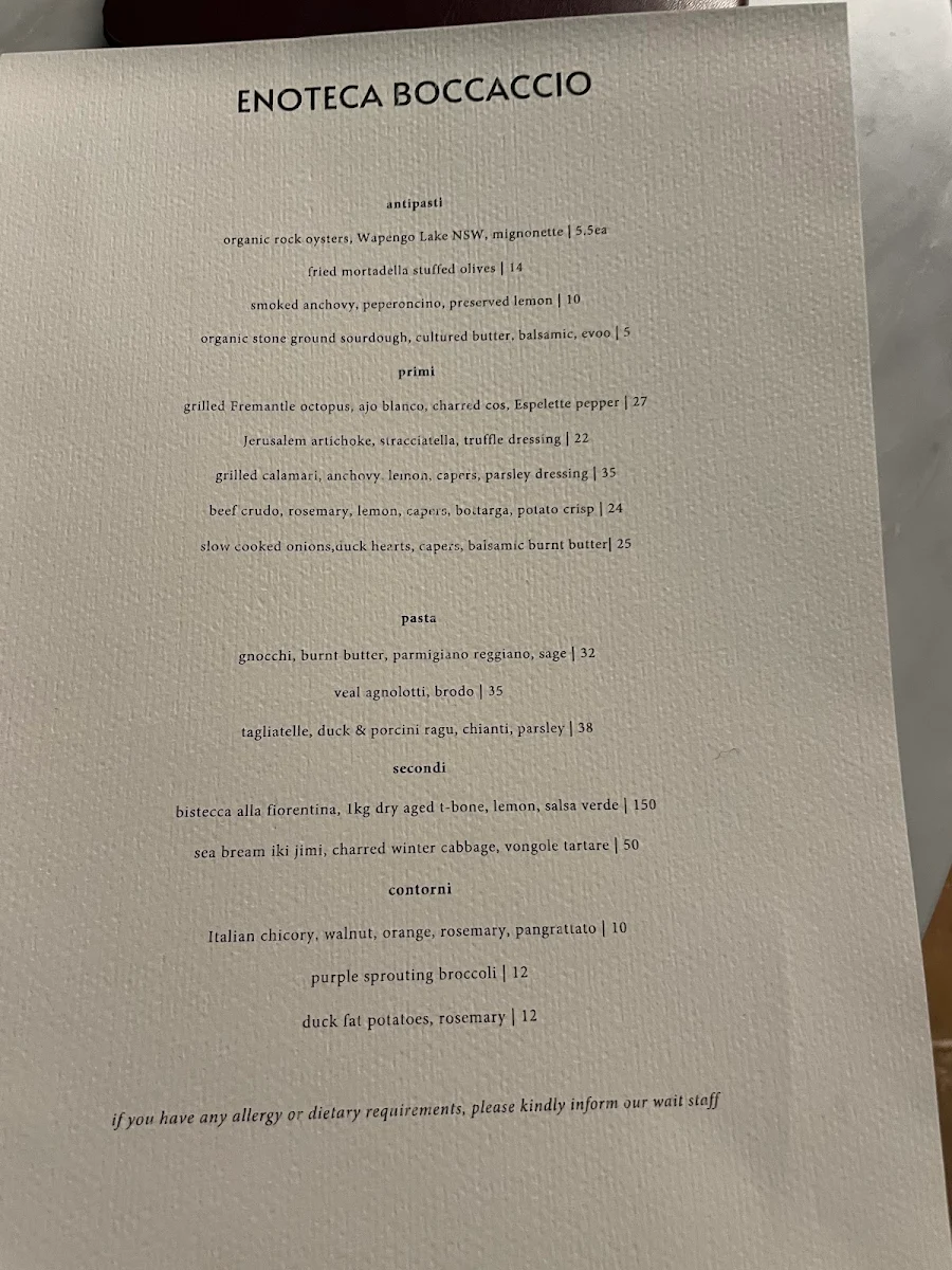 Menu, Enoteca Boccaccio