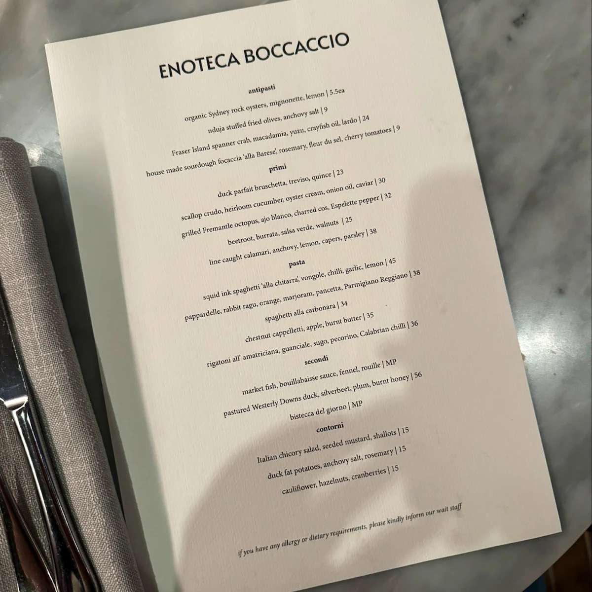 Menu, Enoteca Boccaccio
