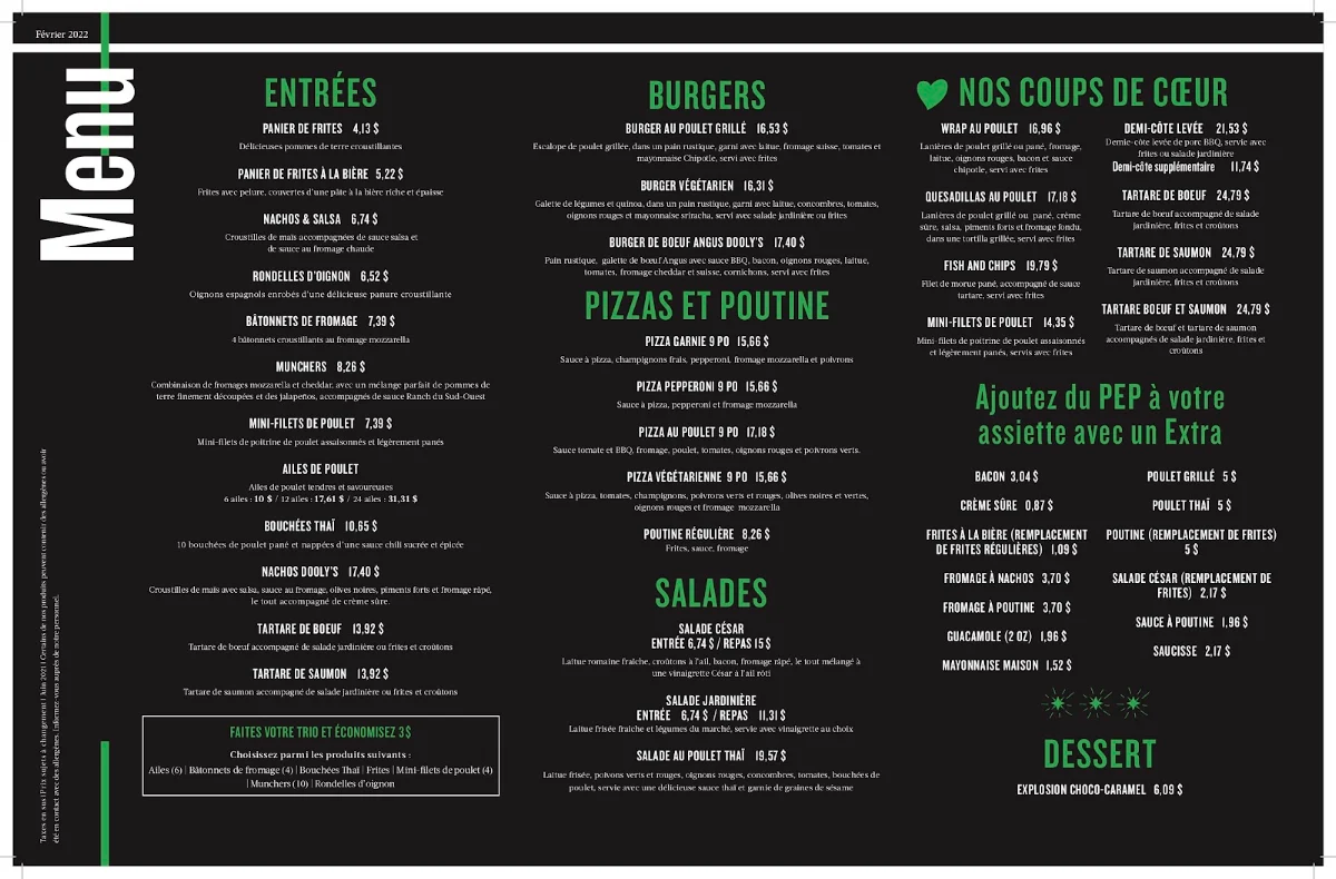 Menu, Dooly's Sainte-Foy Duplessis