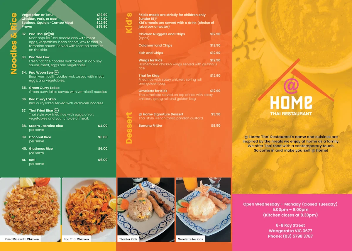 Menu, At Home Thai Restaurant