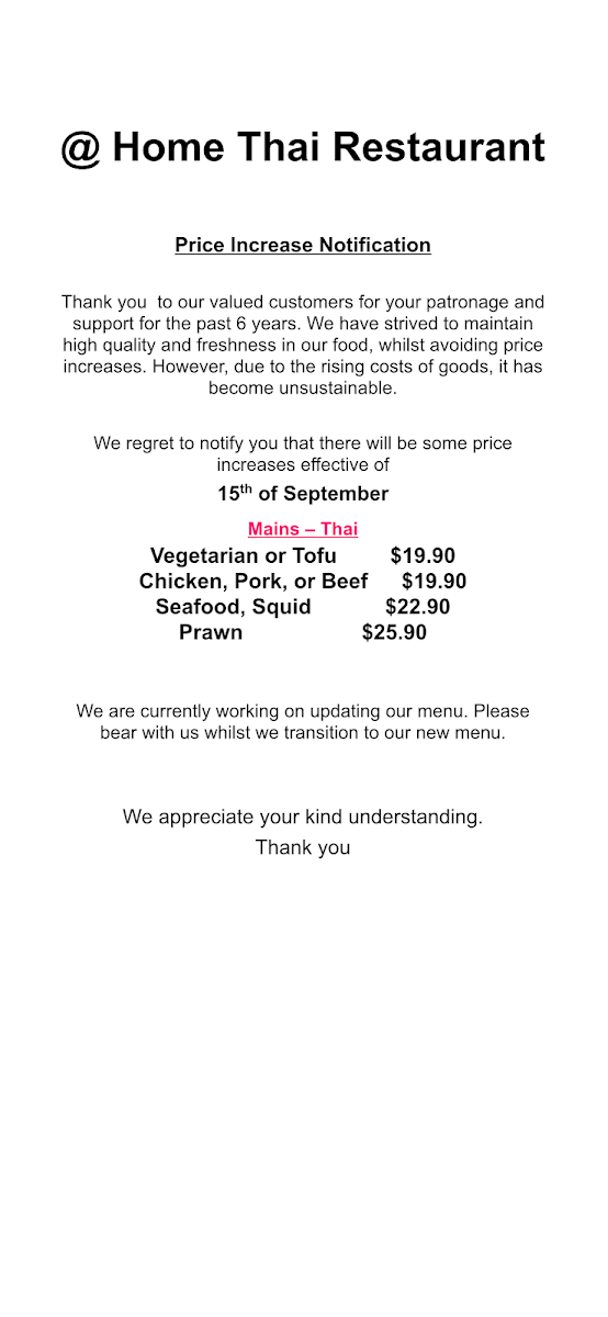 Menu, At Home Thai Restaurant