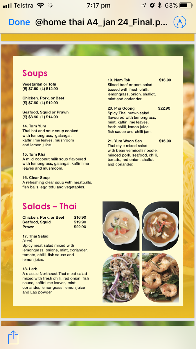 Menu, At Home Thai Restaurant