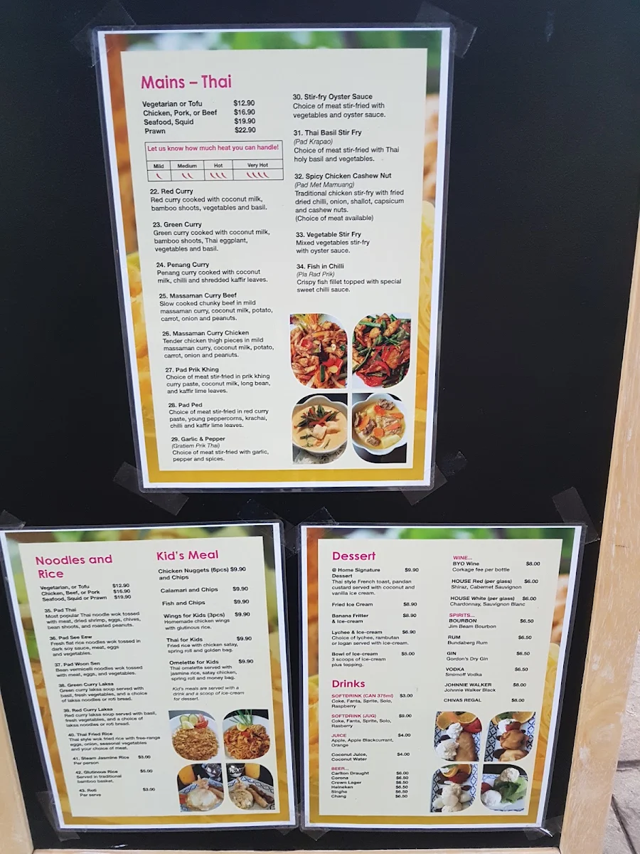 Menu, At Home Thai Restaurant