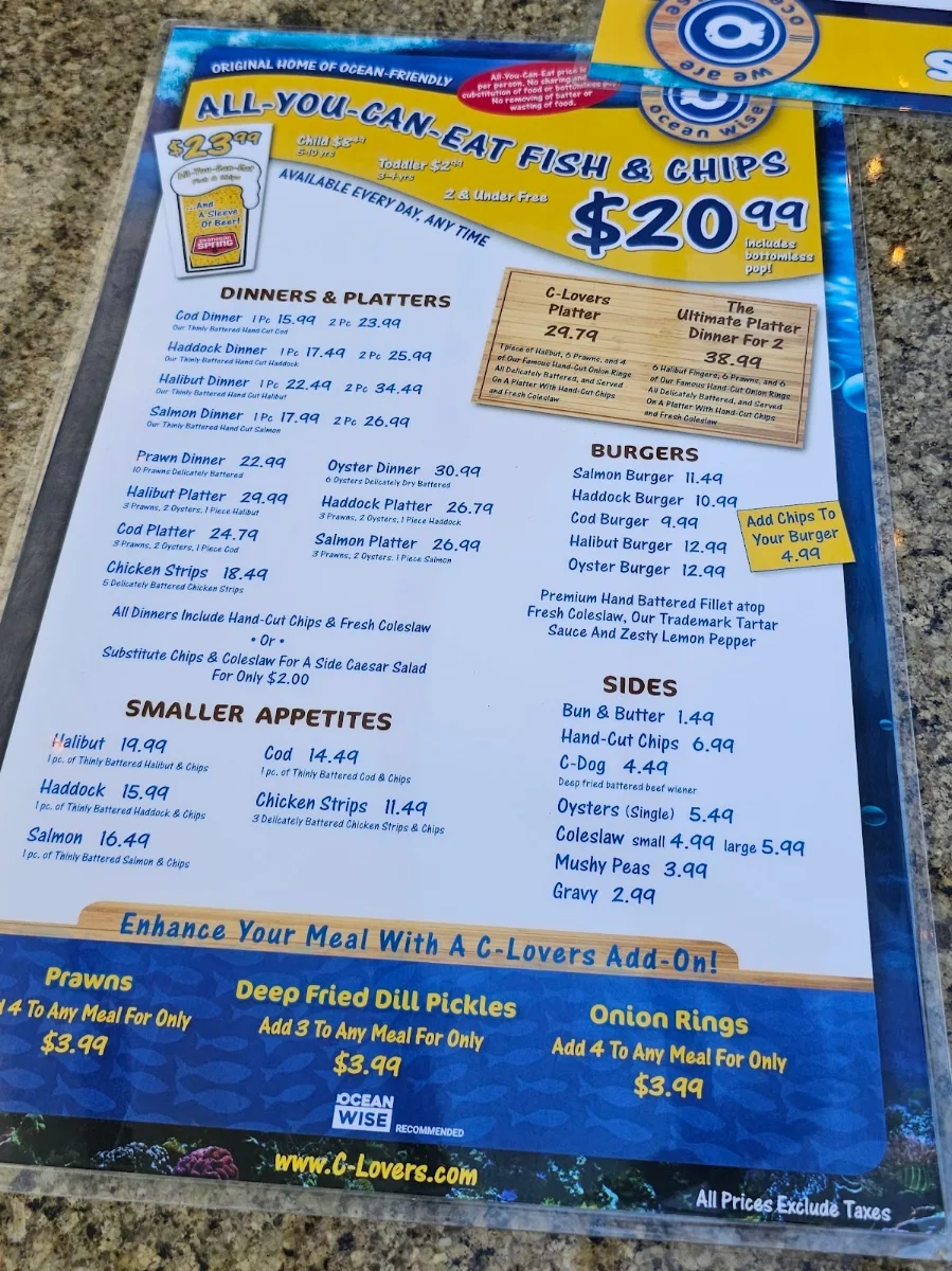 Menu, C-Lovers Fish & Chips