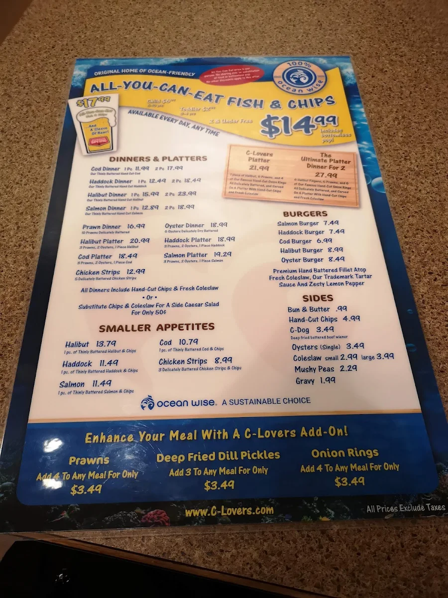Menu, C-Lovers Fish & Chips