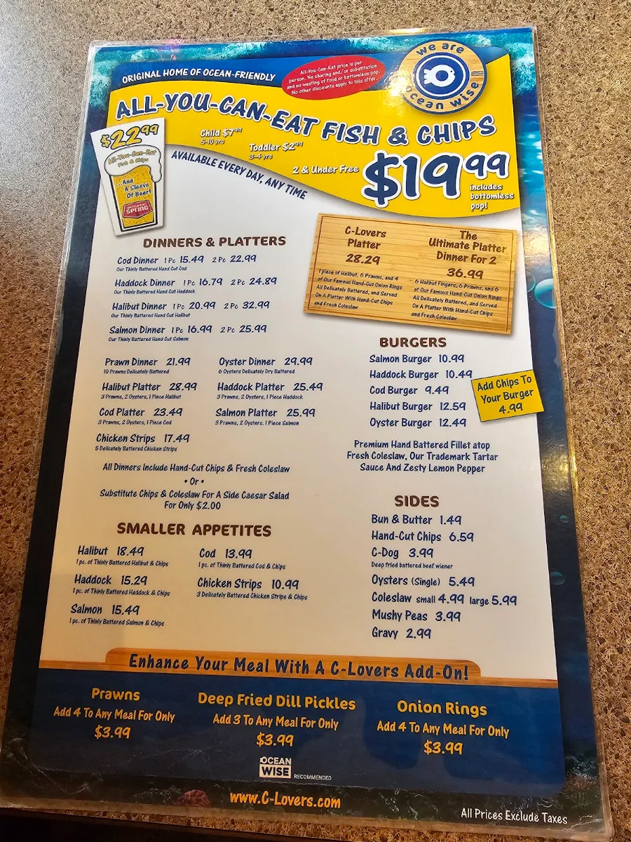 Menu, C-Lovers Fish & Chips