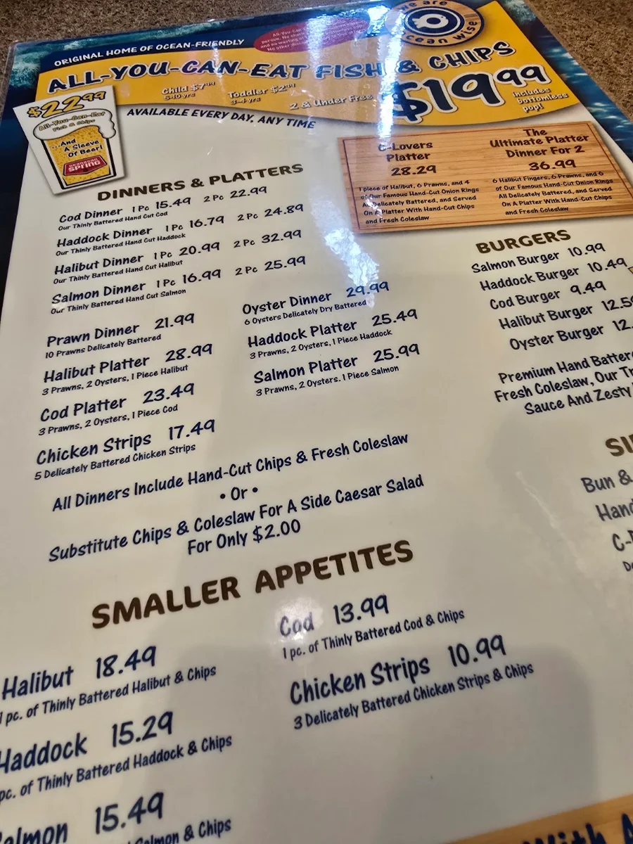 Menu, C-Lovers Fish & Chips