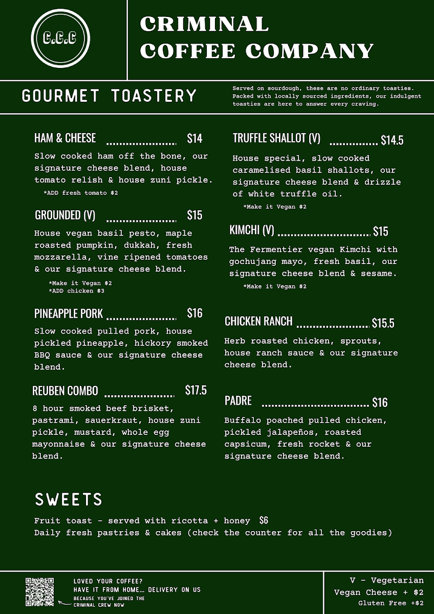 Menu, Criminal Coffee Company