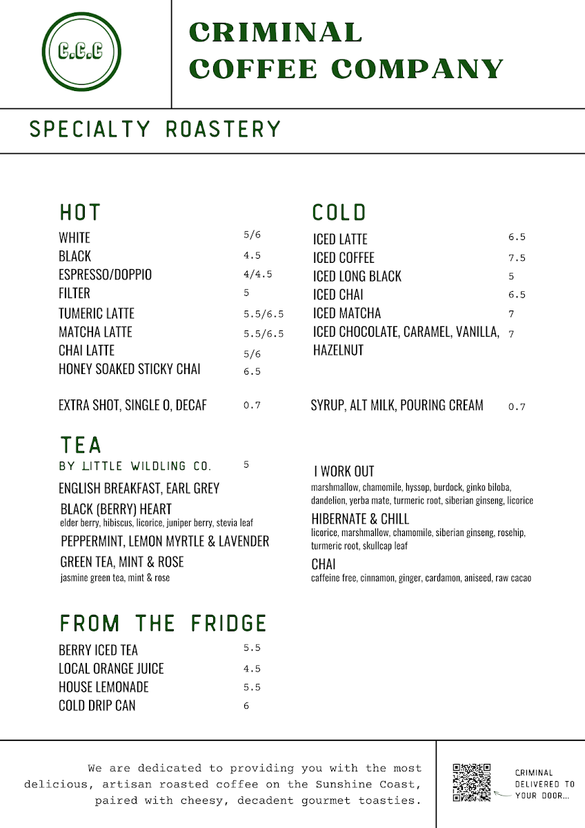 Menu, Criminal Coffee Company