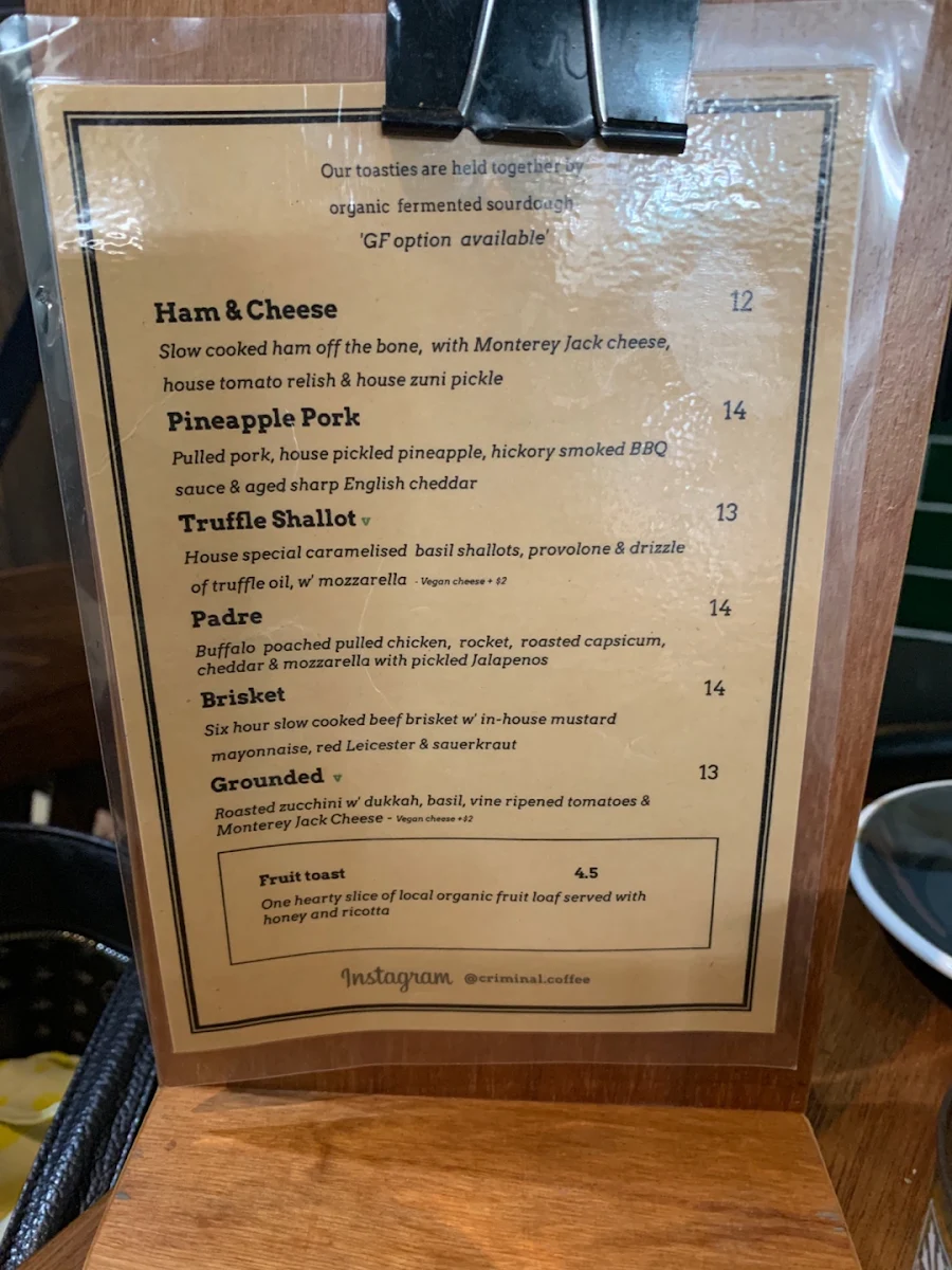 Menu, Criminal Coffee Company