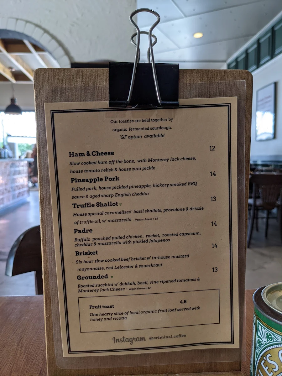 Menu, Criminal Coffee Company