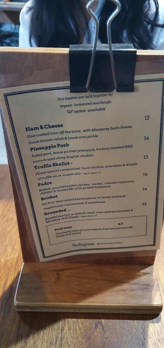 Menu, Criminal Coffee Company