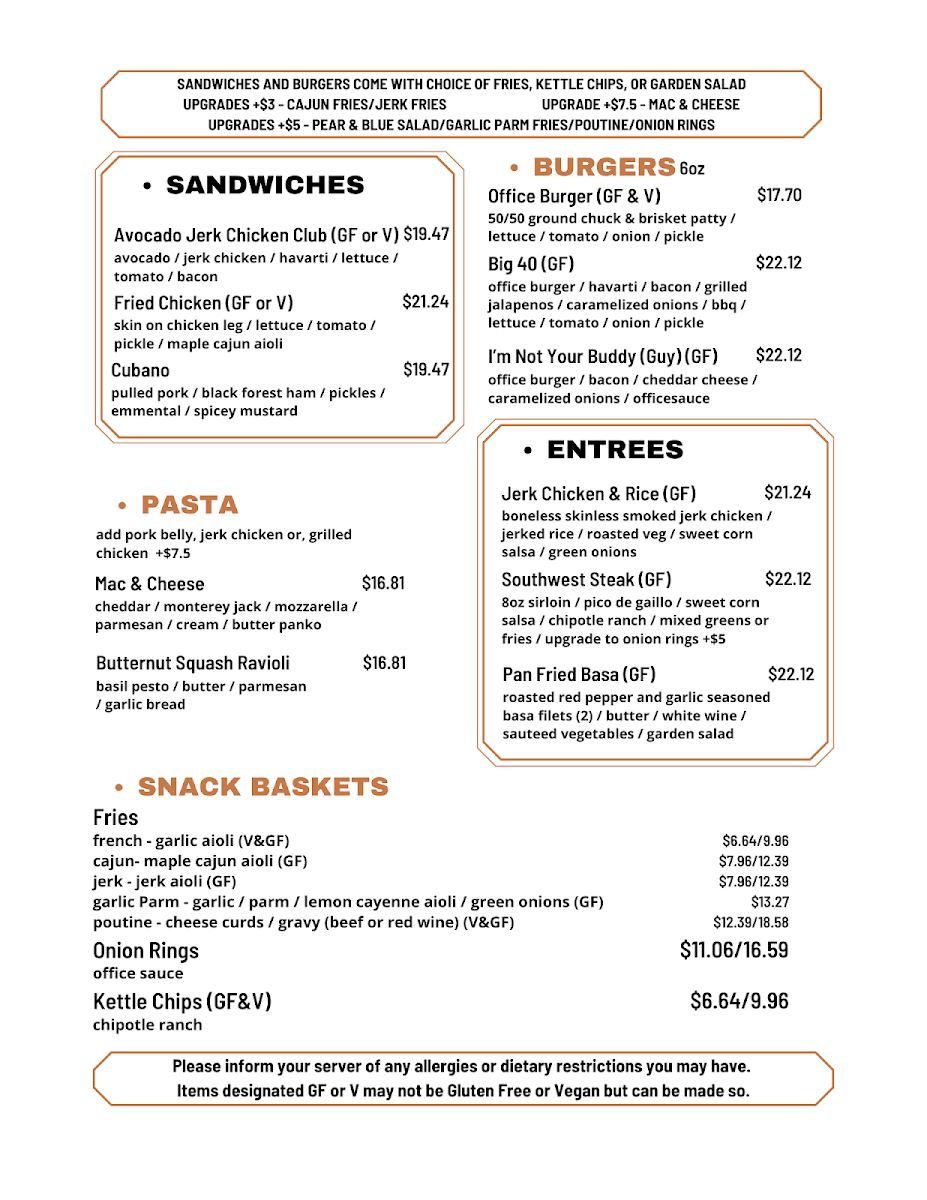 Menu, The Office Tap & Grill