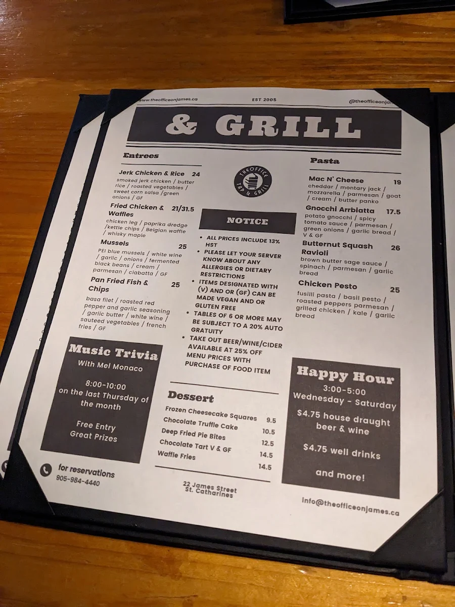 Menu, The Office Tap & Grill