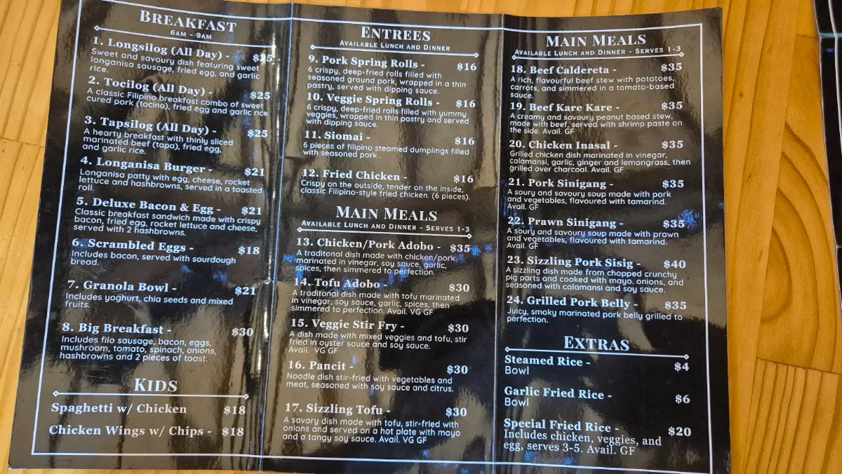 Menu, Em's Windmill Kitchen