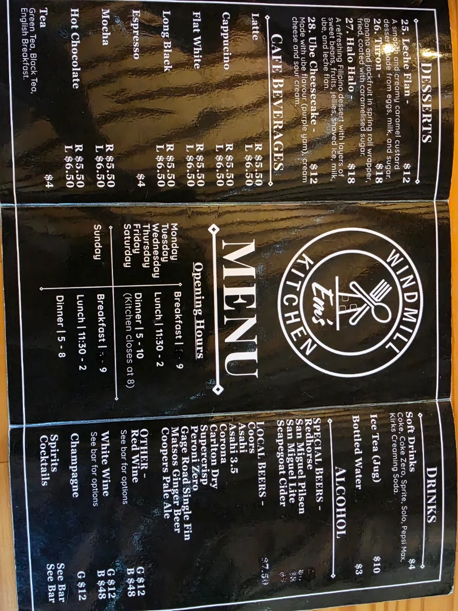 Menu, Em's Windmill Kitchen