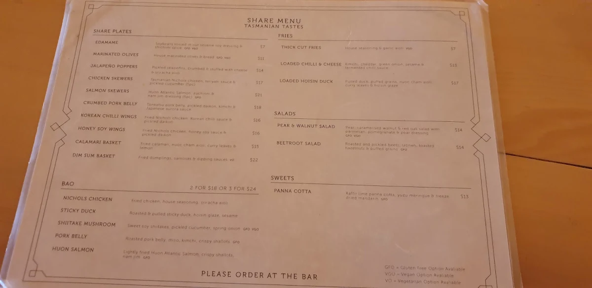 Menu, The Den Salamanca