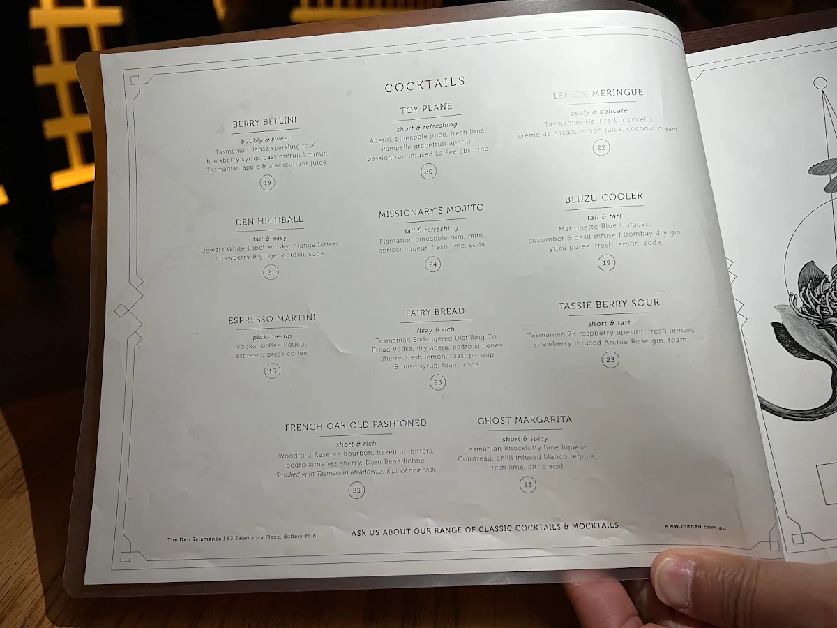 Menu, The Den Salamanca