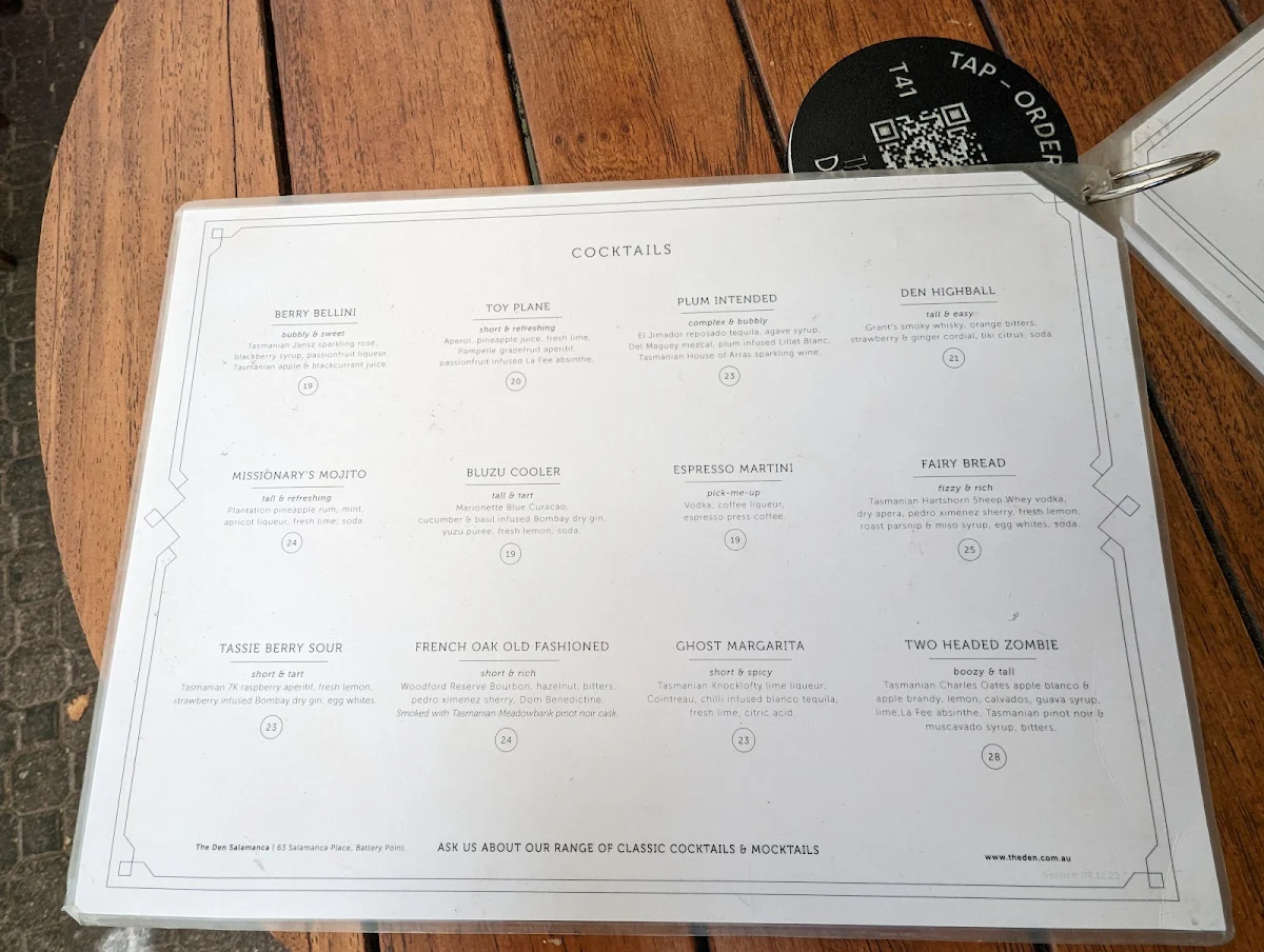 Menu, The Den Salamanca
