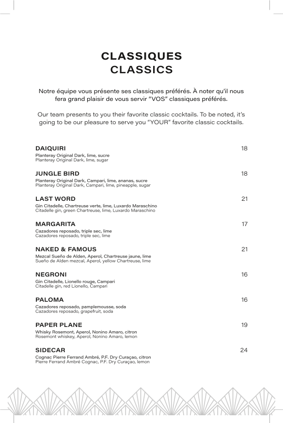 Menu, Le Bijou • Salon à cocktails
