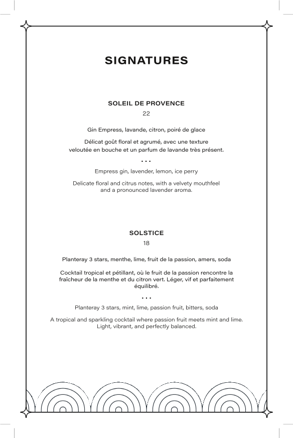 Menu, Le Bijou • Salon à cocktails