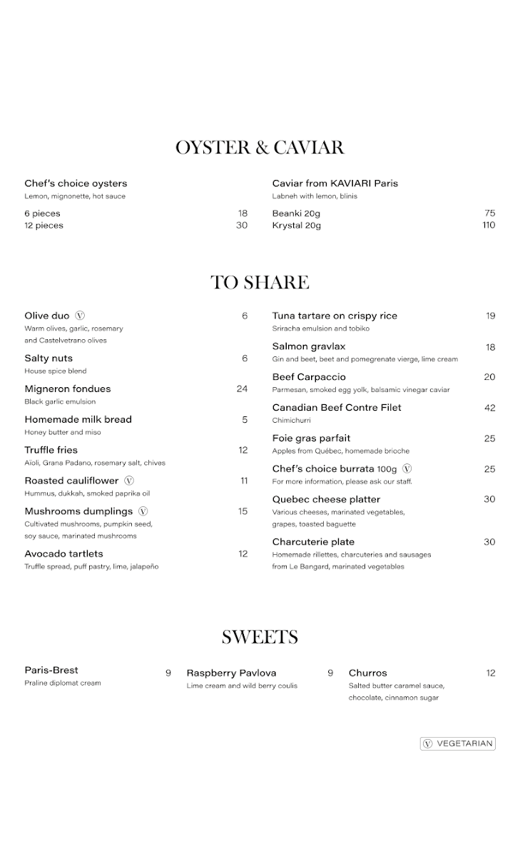 Menu, Le Bijou • Salon à cocktails