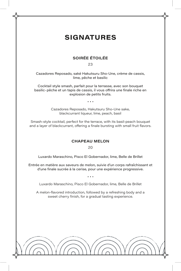 Menu, Le Bijou • Salon à cocktails